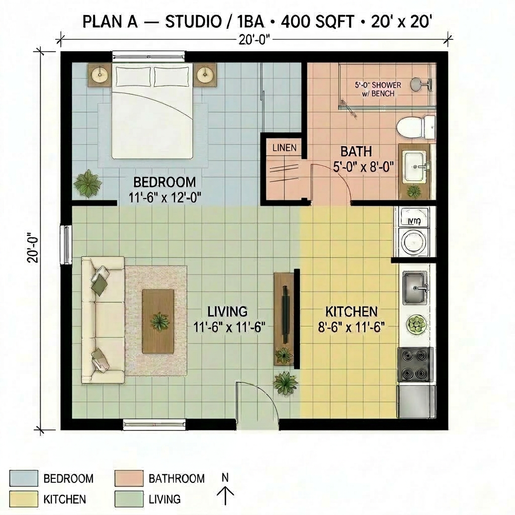 Plan A — studio / 1 bath 400 sqft ADU floor plan, 20 by 20 feet